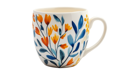 A blue and orange flowers printed coffee mug with a handle, isolated on a white background or transparent png 