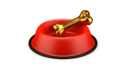 Red dog bowl on white background. Golden bone. 3D render. Illustration.