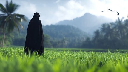 Serene landscape with person in dark robe amidst green field and distant mountains