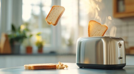 Toasted bread slice popping from toaster for breakfast meal in kitchen interior