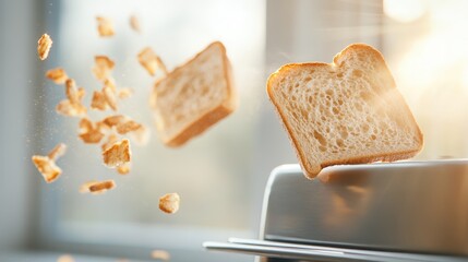 Toast slice flying out of toaster with crumbs in bright kitchen light