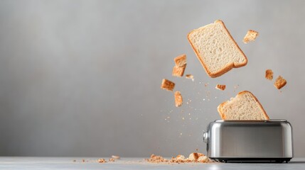 Toast ejection from toaster with flying bread pieces overhead