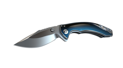 A stainless steel blue knife with a sharp blade, isolated on a white background or transparent png 