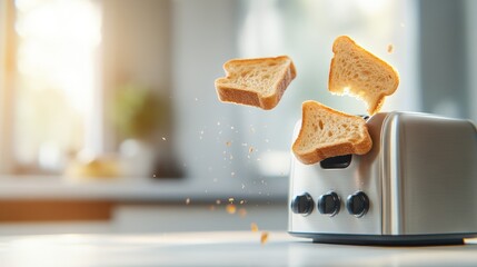 Toast popping from toaster in bright kitchen setting breakfast food preparation