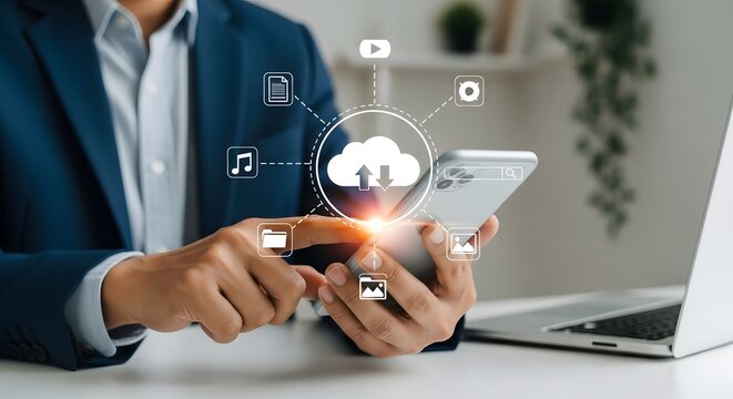 Cloud computing data storage and sharing on mobile phone with business man technology concept