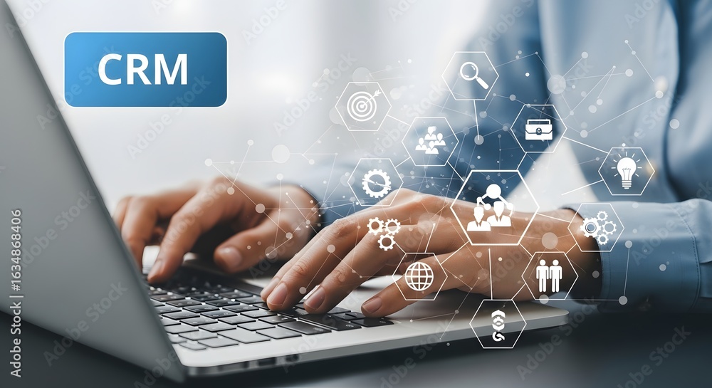 Poster crm customer relationship management software strategy and technology integration concept image