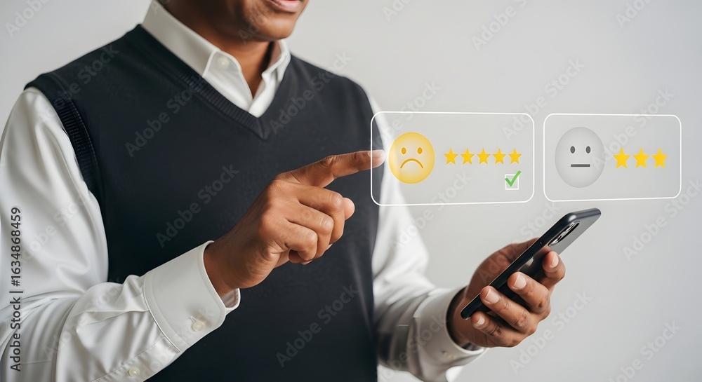 Poster customer experience feedback rating online review satisfaction survey using smartphone app concept