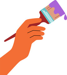 A hand holding a paintbrush with purple paint dripping. Concept of painting, repair, art work, and do it yourself activity.