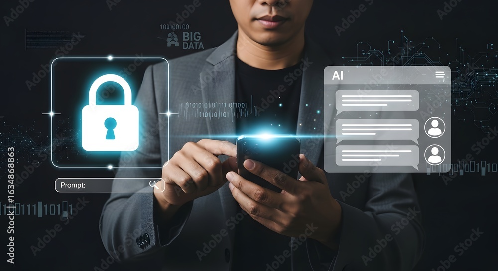 Poster cybersecurity ai chat application on mobile phone with data protection and privacy concept 92