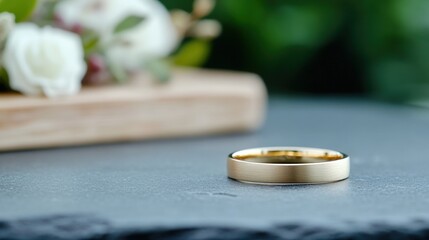 Elegant gold ring with floral arrangement on dark textured surface