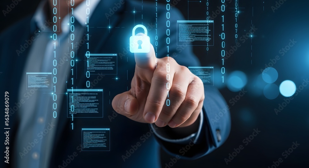 Poster cybersecurity concept showing data protection and digital security with padlock on screen
