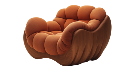 A modern wooden armchair with beige cushioned seat and backrest, isolated on a white or transparent png background.
