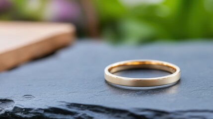 Golden ring on slate background for wedding or jewelry concept