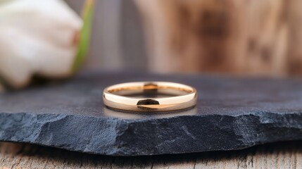 Golden ring on slate surface minimalist wedding jewelry concept