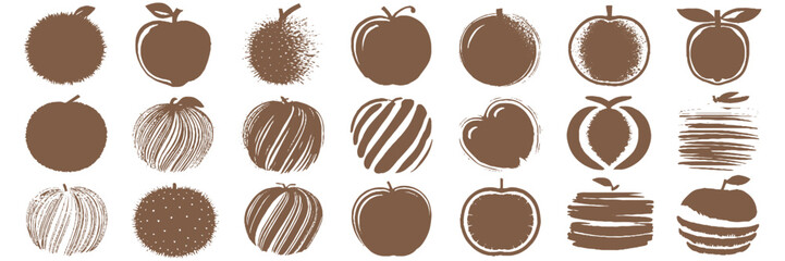 A collection of stylized, brown apple icons with various textures and patterns. Each apple design is distinct, showcasing creativity and variety.