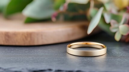 Elegant gold ring on dark surface with floral accent wedding concept