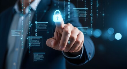 Cybersecurity concept showing data protection and digital security with padlock on screen