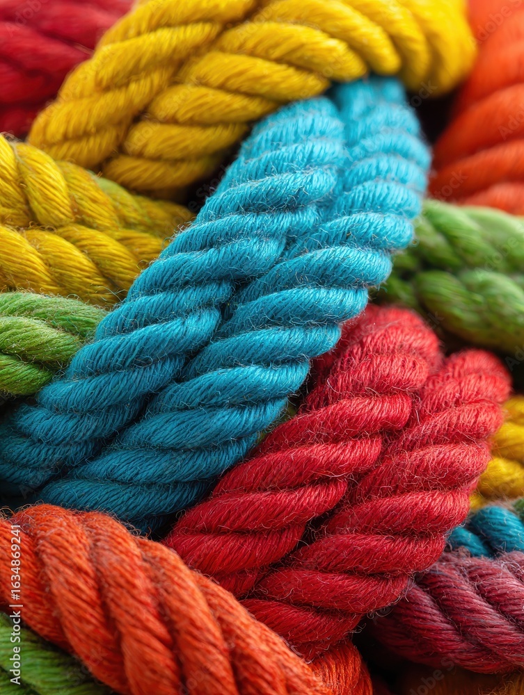 Poster group of colorful ropes gathered together symbolizing teamwork and unity bright and vibrant colors c