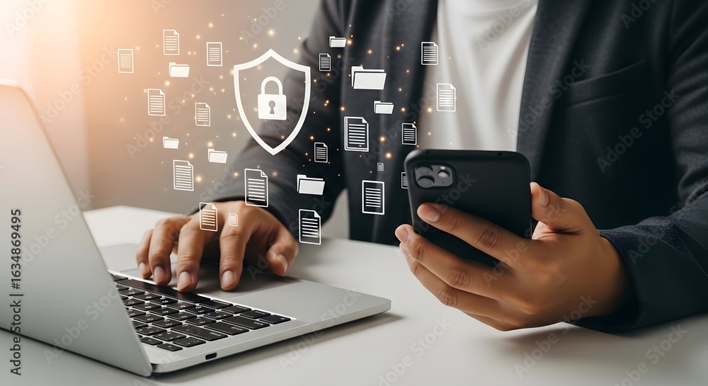 Poster data security concept business man using laptop and smartphone with shield icon digital data