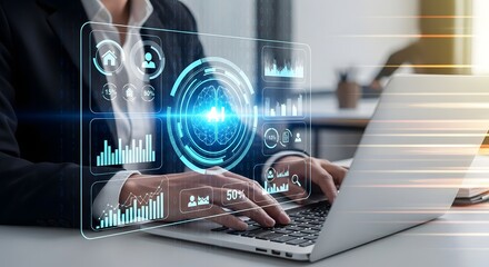 Data analysis on laptop for business intelligence and ai analytics with digital interface