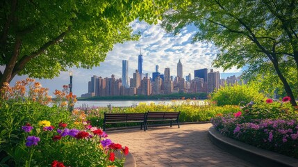 Cityscape framed by lush greenery and vibrant flowers