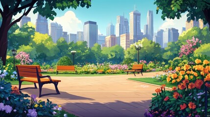 City park scene with vibrant flowers and lush greenery