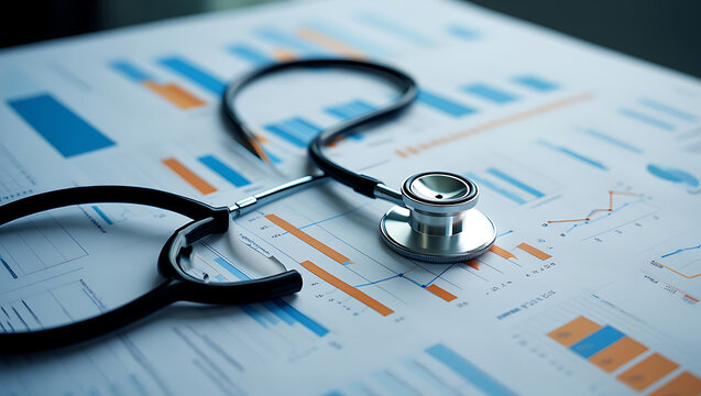 Stethoscope resting on ECG medical chart with heartbeat graph