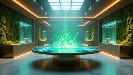 A central holographic display emits green light in a futuristic room with living walls.