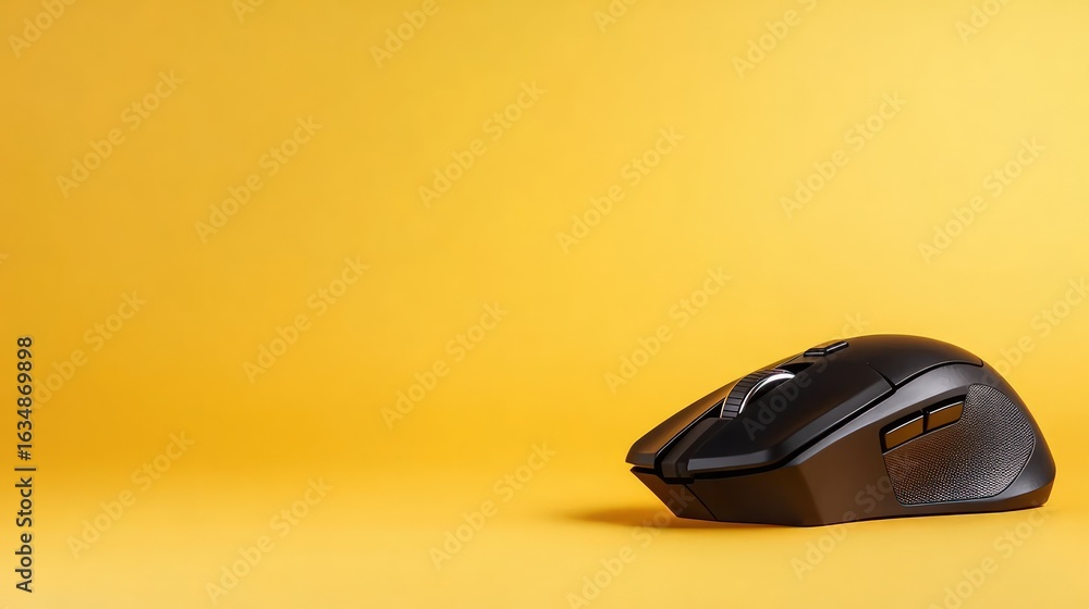 Poster wireless computer mouse on yellow background for technology and productivity concepts