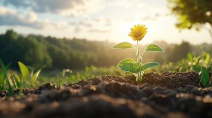 Young sunflower growing in sunlight field