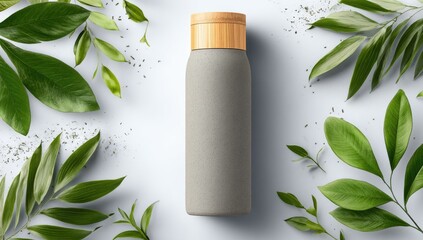 A grey, cylindrical bottle with a light brown bamboo lid is centrally positioned against a light grey background, surrounded by vibrant green leaves and scattered specks