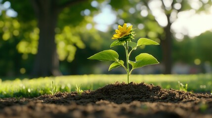 Single sunflower growing in a field of green natural growth and cultivation