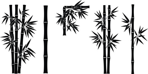 Bamboo plant silhouette vector, black bamboo stalks, tropical leaves, Asian style, botanical clipart, zen design, decorative elements, isolated
