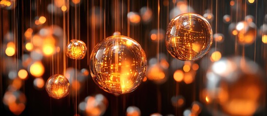 Amber Orb Symphony:  Illuminated Glass Spheres Suspended in Dark, Abstract Composition