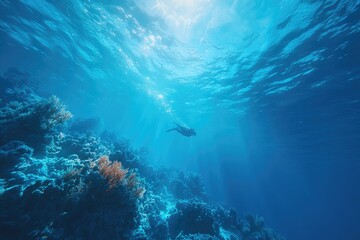 Fototapeta premium Underwater scene showcasing vibrant coral reefs illuminated by s