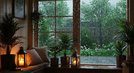Cozy Rain Day: Serene Window Seat with Plants and Candlelight, Warm and Inviting Atmosphere.