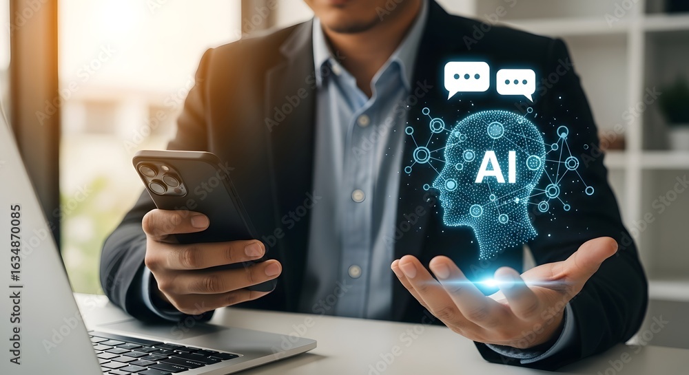 Poster exploring ai artificial intelligence technology on mobile phone for business solutions and chat