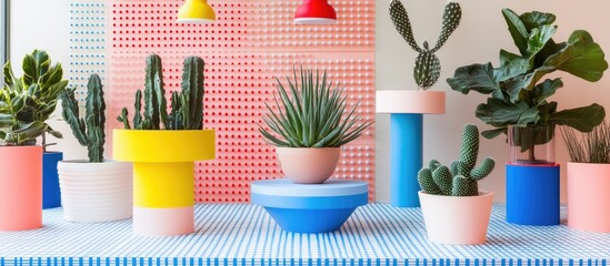 Colorful Cactus and Plants in Geometric Pots, Modern Interior Design.
