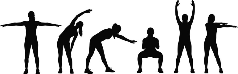 Silhouette of women stretching, fitness poses, workout routine, health and wellness, flexibility training, exercise movements, body balance, active lifestyle