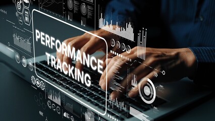 Hands Typing on Keyboard with Performance Tracking Graphs and Data Analytics Overlaid in Modern Workspace. Asymptotic smart data analytic.