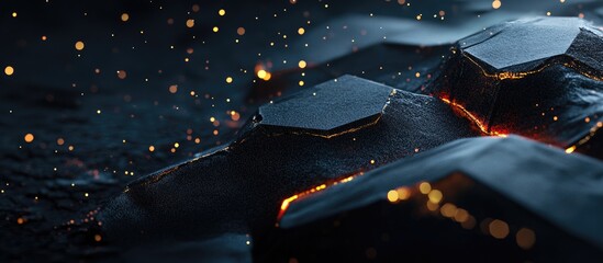 Dark Fractured Abstract Surface with Luminous Golden Cracks and Sparkling Bokeh Lights