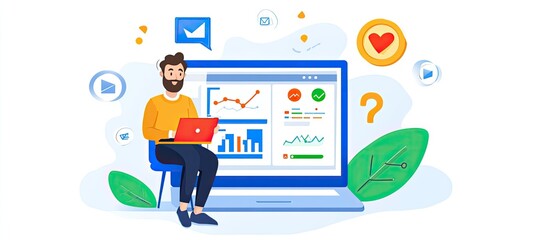 Data Analysis: Bearded Man Reviews Business Metrics on Laptop with Vibrant Charts and Icons