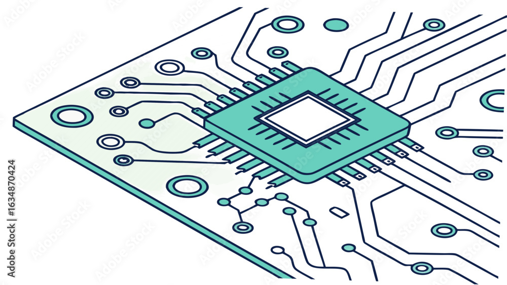 Aufkleber isometric view of a circuit board with a central chip and connecting traces and various components s