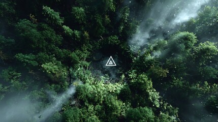 Mystical aerial perspective of a verdant forest with a geometric symbol hovering above, a serene