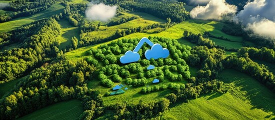 Aerial View: Cloud Computing Symbol in Lush Green Landscape, Sustainable Technology Concept