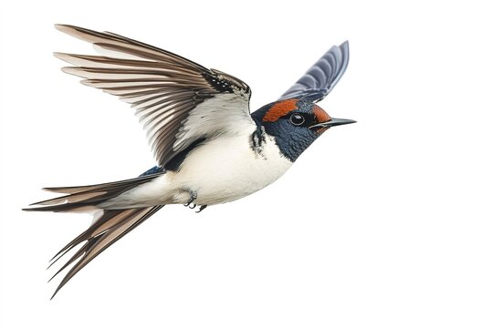 A conceptual image of a red-rumped swallow in flight, with subtle motion blur emphasizing its swift and agile movement, isolated on a bright white background