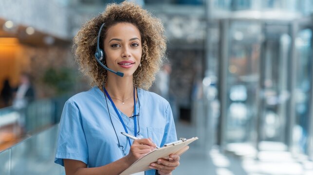 medicine online service and healthcare concept  african american female doctor or nurse with headset and clipboard at hospital no logos no brands ar 169
