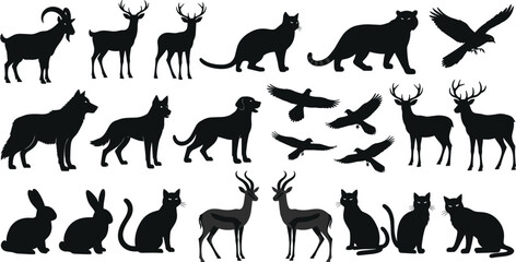Animal silhouette vector set, wild and domestic animals clipart, black animal icons, cat dog deer bird goat rabbit design