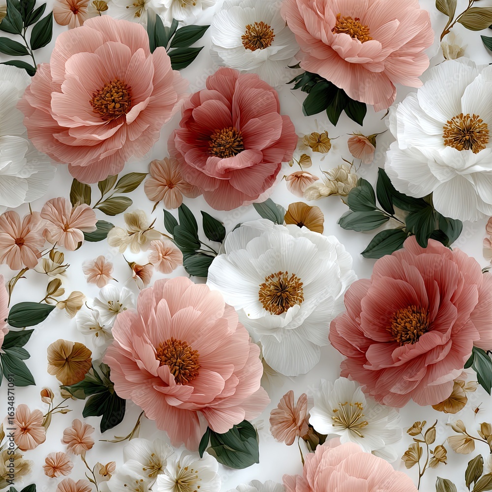 Poster a vibrant display of peonies and smaller floral elements in shades of pink and white, creating an in