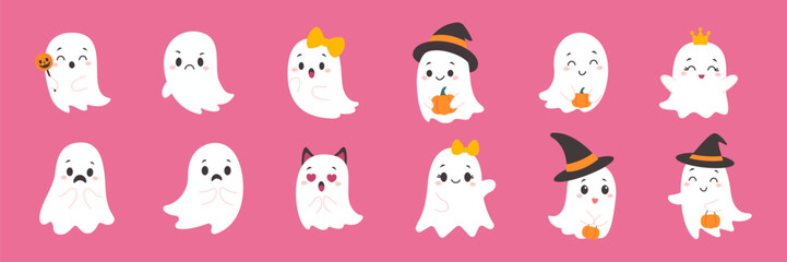 Adorable cartoon ghost characters in cute Halloween costumes, including witch, vampire, pumpkin, mummy, and more – perfect for festive decorations, party invitations, or seasonal designs